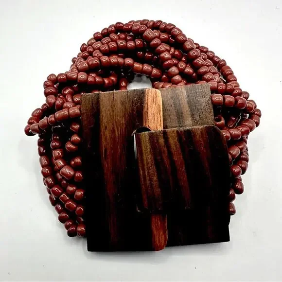 Bali Maroon Brown 14 Strand Bead Bracelet Wood Clasp Hard Wood Boho Casual - Picture 13 of 13